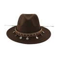 Vintage brown wool felt fedora hat with decorative ethnic woven band and coin pendants - 58cm / Coffee