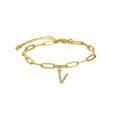 Gold-plated brass paperclip chain bracelet featuring a sparkly rhinestone letter V charm - Letter V