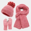 Three-piece winter knit set with pom-pom beanie, scarf and touch screen gloves in rose pink - Red