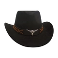 Black faux suede cowboy hat with a braided band and silver bull head metal ornament - Black