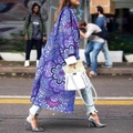 Women's ankle-length loose coat featuring purple and blue mandala prints in a street style - Violet Blue
