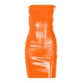 Detailed view of an orange strapless bodycon dress made of glossy faux leather fabric - S / Orange