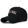 Berretto da baseball in cotone nero con ricamo Basketball dorato e visiera logora - Regolabile / Nero Ricamo Dorato
