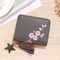 Gray women's short zipper wallet featuring elegant flower embroidery and fringe - Gray