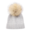 Detailed close-up of light grey ribbed knit texture and fluffy faux fur pompom detail - Light Gray
