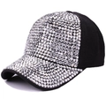 Casquette de baseball noire pour femmes avec strass argentés brillants à l'avant - Réglable / Strass Argenté Tissu Noir