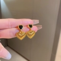 Gold heart-shaped double hoop earrings with black accent and textured metallic finish - Black Heart (28#)