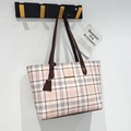 Beige plaid tote bag with brown straps and gold logo in minimalist ins style - Coffee Plaid Tote / Coffee