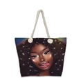 Grand sac de plage en toile avec poignées en corde et imprimé femme africaine chic - Femme aux Cheveux Bouclés Étoilés (jiayingstb45)