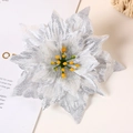 Artificial silver poinsettia flower with glitter finish and berry center for decor - Pointed Christmas Flower / Silver
