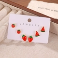 Cute fruit earring set with strawberry and watermelon designs in vibrant red and green - Watermelon Strawberry (WG-0827)