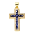Golden cross pendant with deep blue square stones and white zircon border - Pendant 62 (Gold Pave Blue Stone Cross)