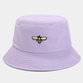 Detail of bee embroidery on lavender cotton bucket hat with parallel stitching - One Size / Purple