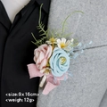 Pink and blue artificial rose boutonniere for wedding suit with pink ribbon bow - Pink Rose Theme (Style 2)