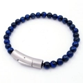 Men's blue tiger eye beaded bracelet featuring a brushed silver magnetic clasp - Deep Blue Cat's Eye Stone Style (KB204631-SJ)