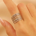 Silver multi-layer stackable rings with textured frosted and polished finish details - Steel Color Six-Layer Frosted (0820)