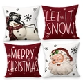 Lot de 4 housses de coussin de Noël avec Père Noël et bonhommes de neige sur blanc - Lot de 4 (Père Noël Flocon de Neige)