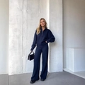 Dark blue knitted two-piece set featuring half-zip sweater and matching wide-leg pants - S / Navy Blue