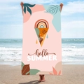 Pink microfiber beach towel with rainbow ice cream and hello summer text design - B1-Rainbow Ice Cream Hello Summer