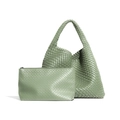 Sage green hand-woven tote bag set with matching inner pouch in a luxury braided design - Dark Green