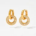 Golden stainless steel hoop earrings featuring a detachable crystal-studded oval pendant - Gold White (KDE1108)