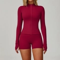 Slim fit deep red yoga set with long sleeve zipper top and high waist shorts - S / Rose Red