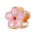 Pink enamel flower bead charm with red gemstone center for DIY bracelet making - Pink