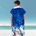 Men's hooded beach poncho featuring dark blue ocean wave print in microfiber fabric - Pullover Style - Sea Surface