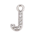 Close-up of silver-plated letter J pendant with sparkling pavé rhinestones for jewelry DIY - Letter J