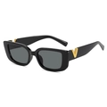 Klassische schwarze rechteckige Sonnenbrille mit goldenem V-Logo für Damen - Schwarzer Rahmen Graue Gläser