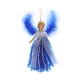 Dettaglio decorazione angelo con piume bianche e vestito blu per l'albero di Natale - Piuma Blu