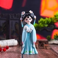 Cute resin Hanfu girl figurine in blue outfit holding a white cat with vintage backdrop - Style 1C Holding Cat Large