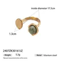 Adjustable golden titanium steel ring featuring an oval green stone and round metal disc - Oval Green Stone & Disc Open Ring