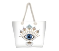 White beach tote bag featuring blue evil eye pattern and thick woven rope handles - White Geometric Texture