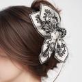 Elegant paisley bow hair claw clip in beige fabric with stylish leopard print details - Black and White Paisley Double-sided Claw
