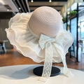 Detail of wide-brim straw hat with double-layered organza edge and lace bow - Pink Mesh Straw Hat (D-391)