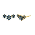 Detail view of gold angel wing earrings with vibrant blue zircon stone flower clusters - Sapphire Blue Zirconia