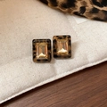 Retro rectangle earrings with champagne stone and leopard print resin border - Brown Square Leopard Amber Style (72#)