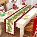 Close-up of Christmas table runner with red-black plaid edge and festive berry patterns - 181x35.5cm / Christmas Bell