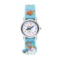 Macro shot of kids unicorn watch with rainbow 3D silicone strap and crystal accents - Sky Blue
