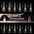 Detailed size chart showing 12 dimensions for ultra-thin stiletto false nail tips - XXL Extra Long Pointed Nails (240pcs Semi-Matte #02)