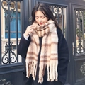 Thick beige and brown plaid mohair scarf with tassels shown on model for winter warmth - Beige Plaid