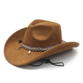 Sombrero vaquero marrón de ante con cinta étnica y colgantes decorativos de conchas - M (56-58cm) / Caqui