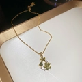 18k gold plated necklace featuring double green clover pendants with clear crystal accents - Necklace-Green