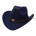 Detail of navy felt cowboy hat featuring brown leather band and metal bull head buckle - Navy Blue (Cowboy Bull Head)