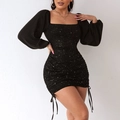 Detail of a black sequin bodycon dress with square neck, puff sleeves and side drawstrings - XS / Black