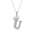 Sterling silver initial U necklace with crown motif and sparkling moissanite stones - Letter U