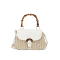 Straw crossbody bag with bamboo handle, floral embroidery and white leather flap - White