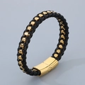 Men's woven leather bracelet in gold and black with stainless steel magnetic clasp - Gold Color (KB179967-YA)