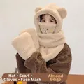 Winter 4-in-1 thick teddy fleece hooded scarf mask and gloves set in almond beige - Bear 4-Piece Set / Beige